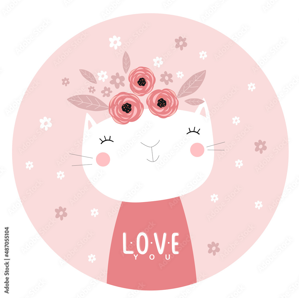 Print. Illustration with cute cartoon kitty. Illustration for the girl. Pink background. Print. Illustration with cute cartoon kitty. Illustration for the girl. Pink background.