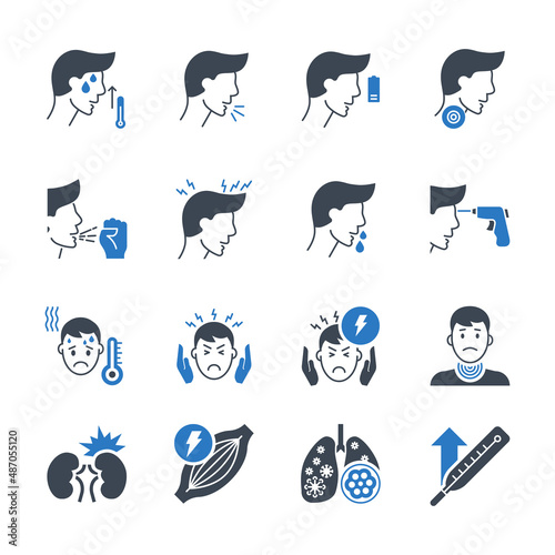 Coronavirus symptoms related glyph vector icons set. Contains such Icons as headache, fever, high temperature, pneumonia, sore throat, cough, muscle pain, kidney failure, lungs Infection, fatigue