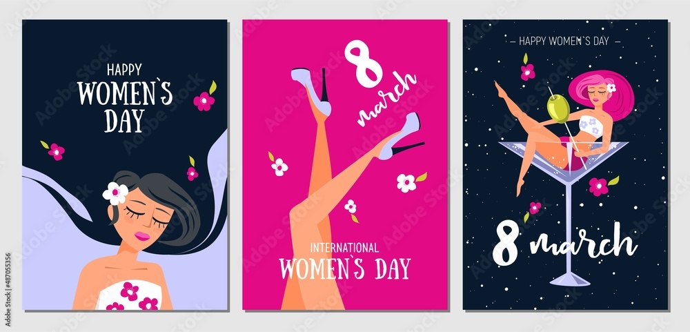 Beautiful trendy set of greeting cards for 8 March. International Women's Day. Stylish flat graphics and original design Beautiful trendy set of greeting cards for 8 March. International Women's Day. Stylish flat graphics and original design
