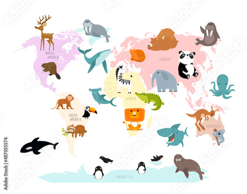 Fototapeta Naklejka Na Ścianę i Meble -  Print. Map of the world in pastel colors. World map with animals. Education for children. Study animals. World map for children. Wallpaper for the children's room.