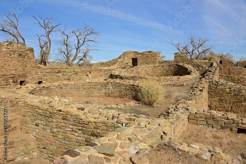  ancient puebloan ruins from the twelfth century in aztec ruins national monument om a sunny winter day in northern new mexico near farmington