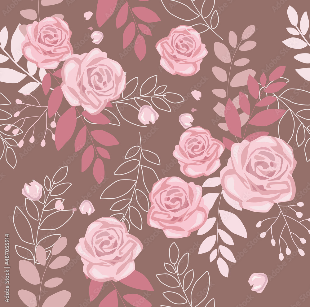 Print. Seamless background with roses. Botanical pattern. Delicate flowers. Invitation, paper, fabric.	