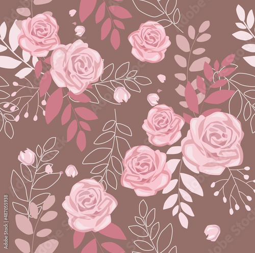 Print. Print. Vector seamless background with roses. Botanical pattern. Delicate flowers. Invitation, paper, fabric. 