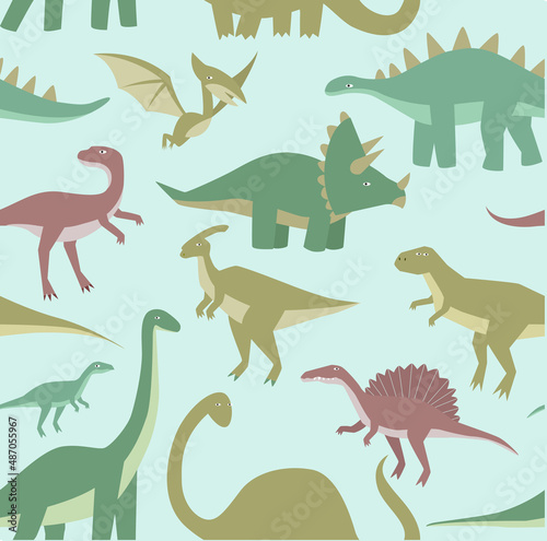 Fototapeta Naklejka Na Ścianę i Meble -  Print. Seamless background with dinosaurs. Cartoon dinosaurs. Pattern with cartoon dinosaurs. Children's fabric. Wallpaper for boys.