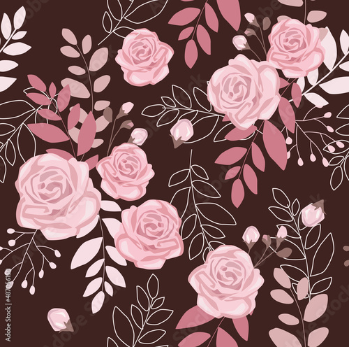 Print. Vector seamless background with roses. Botanical pattern. Delicate flowers. Dark flower pattern. invitation, paper, fabric.