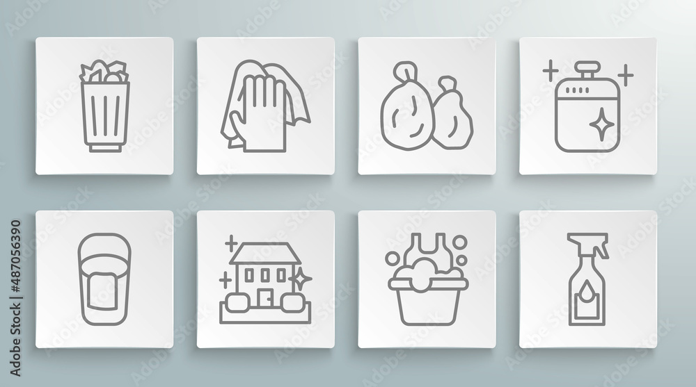 Set line Bucket with rag, Cleaning service, Home cleaning, Basin soap suds, spray bottle, Garbage bag, cooking pot and Full trash can icon. Vector Set line Bucket with rag, Cleaning service, Home cleaning, Basin soap suds, spray bottle, Garbage bag, cooking pot and Full trash can icon. Vector