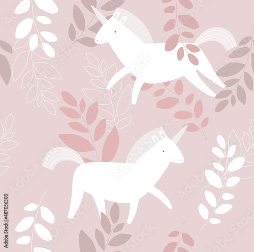Print. Vector seamless background with white unicorns. Unicorns in the foliage. Pink flower pattern. Fabric  paper  wallpaper.
