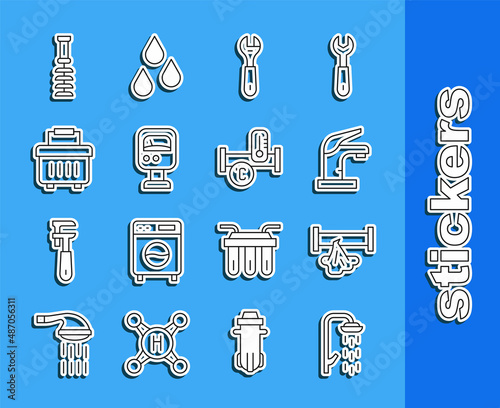 Set line Shower, Broken pipe, Water tap, Wrench spanner, Pressure water meter, Toolbox, Toilet brush and Industry metallic icon. Vector