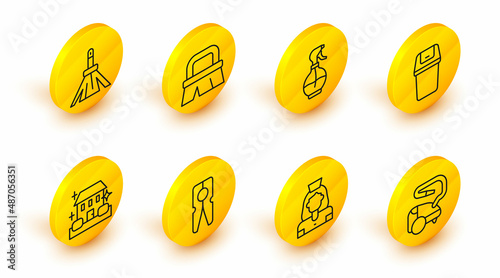 Set line Vacuum cleaner, Cleaning lady service, Clothes pin, Home cleaning, Trash can, Water spray bottle, Brush for and Handle broom icon. Vector