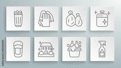 Set line Bucket with rag, Cleaning service, Home cleaning, Basin soap suds, spray bottle, Garbage bag, cooking pot and Full trash can icon. Vector