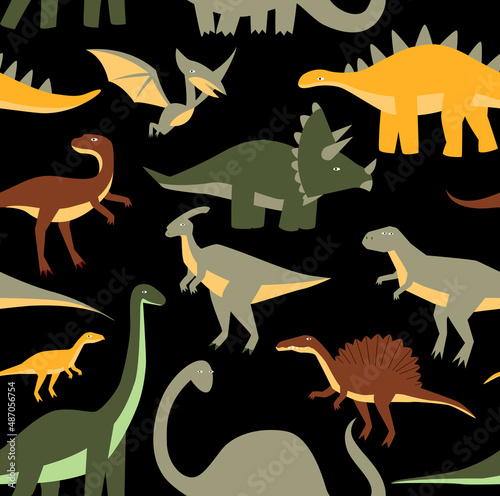 Print. Vector seamless black background with dinosaurs. Cartoon dinosaurs. Pattern with cartoon dinosaurs. Children's fabric. Wallpaper for boys.