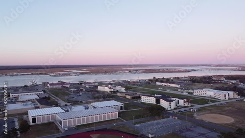 A beautiful aerial drone shot, flying towards the horizon during the golden hour in Cape May New Jersey, Cape May County. photo