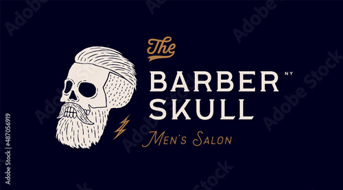 Skull man. Poster of vintage skull man, hipster label, portrait man. Retro old school illustration with text Barber Skull, mens salon for barber shop, hipster style. Vector Illustration