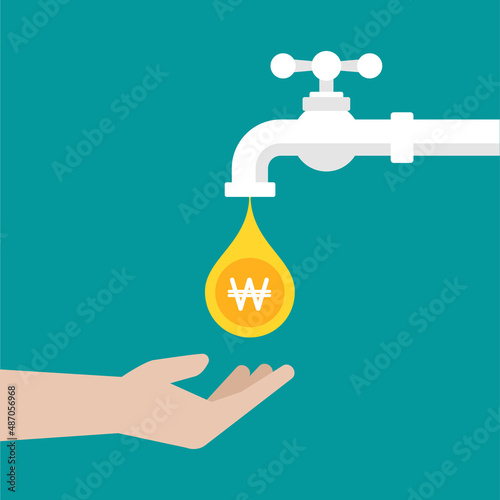 Hand with tap or faucet with golden korean won coin. Money resource, passive income concept.