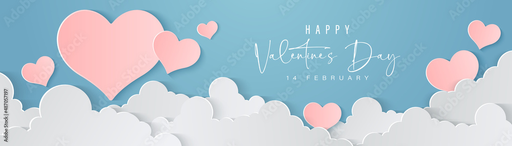 Valentine's day horizontal banner background with paper clouds and hearts. Paper cut style greeting card. Happy valentines day hand lettering text. Suit for invitation, poster, brochure, banner