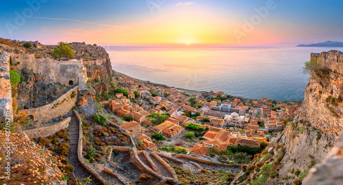 picturesque parorama old medieval castle town of Monemvasia in Lakonia at sunrise, Peloponnese, Greece. "Greek Gibraltar"