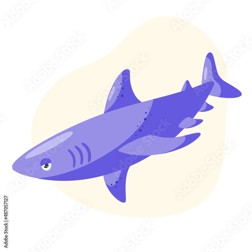 Cute purple shark on a yellow background. Flat cartoon vector illustration.