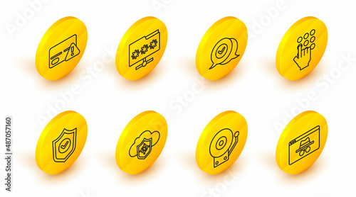 Set line Browser incognito window, Ringing alarm bell, Cloud and shield, Shield with check mark, Password protection, Check speech bubble, Folder password and Credit card icon. Vector