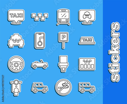 Set line Car, Taximeter, car roof, Train, City map navigation, Location with taxi and Parking icon. Vector