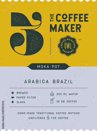 Coffee, tag label. Modern tag, label for brand, logo, sticker coffee shop. Template design minimal label, tag with text cafe, roasted coffee, arabica. Typographic tag, modern font. Vector Illustration