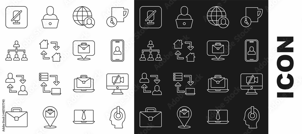 Set line Freelancer, Video camera Off on computer, chat conference, Online working, Hierarchy organogram chart, Mute microphone and icon. Vector Set line Freelancer, Video camera Off on computer, chat conference, Online working, Hierarchy organogram chart, Mute microphone and icon. Vector
