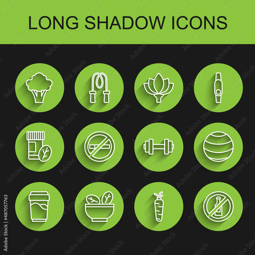 Set line Glass with water, Salad in bowl, Broccoli, Carrot, No alcohol, Smoking, Fitness ball and Dumbbell icon. Vector Set line Glass with water, Salad in bowl, Broccoli, Carrot, No alcohol, Smoking, Fitness ball and Dumbbell icon. Vector