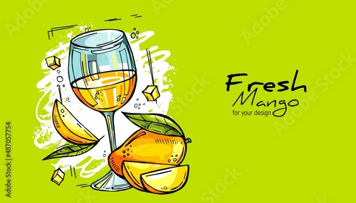 A glass of mango juice and pieces of fruit. Hand drawn vector sketch