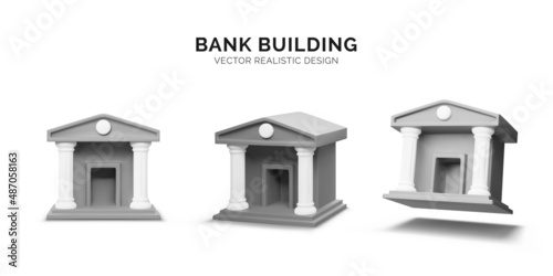 3d bank building. Set of realistic bank icons in different view poin