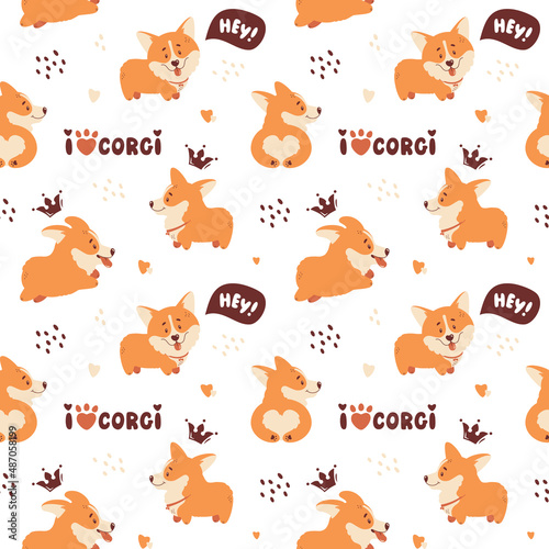 Corgi seamless pattern. Cute and happy welsh corgi puppies and hand drawing letterings. Funny dog characters. Vector background.