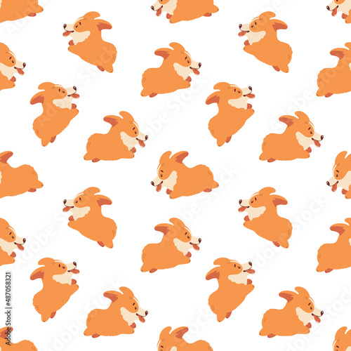 Corgi seamless pattern. Cute and happy running welsh corgi puppies. Funny dog character. Vector background.