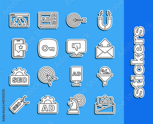 Set line Advertising, Lead management, Mail and e-mail, Target, Key, Mobile with review rating, Website statistic and Dislike speech bubble icon. Vector