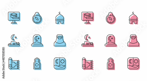 Set line Traditional carpet, Muslim Mosque, Kaaba mosque, Ramadan fasting, cemetery, woman niqab, prays and Qibla icon. Vector