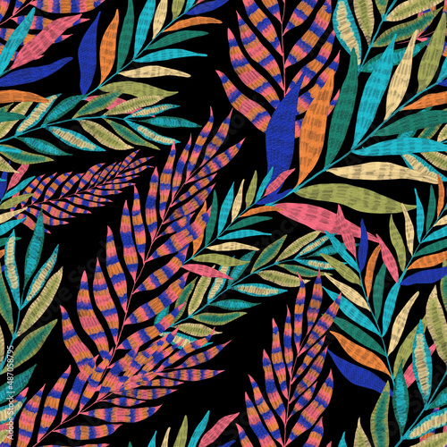 Modern abstract seamless pattern with creative colorful tropical leaves. Retro bright summer background. Jungle foliage illustration. Swimwear botanical design. Vintage exotic print. © Natallia Novik