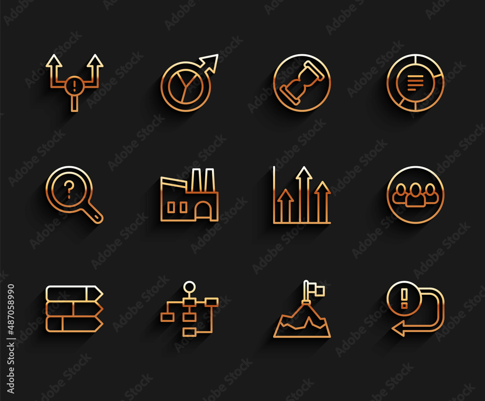 Set line Pie chart infographic, Hierarchy organogram, Arrow, Mountains with flag, Factory, Project team base and icon. Vector Set line Pie chart infographic, Hierarchy organogram, Arrow, Mountains with flag, Factory, Project team base and icon. Vector