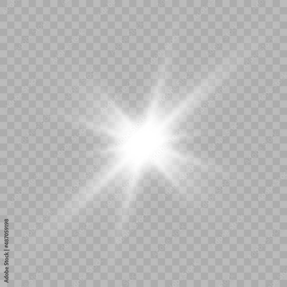 White beautiful light explodes with a transparent explosion. Vector, bright illustration for perfect effect with sparkles. Bright Star. Transparent shine of the gloss gradient, bright flash.