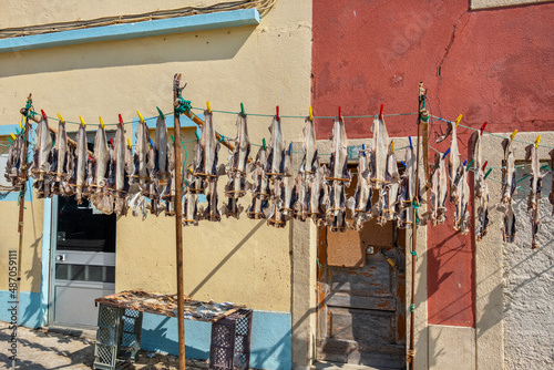 Fish drying on a street. Peniche. Portugal photo
