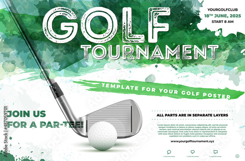 Golf watercolor poster template with sample text in separate layer