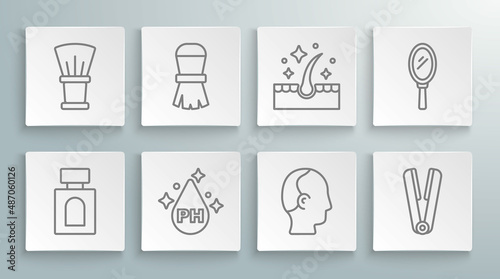 Set line Aftershave, Shaving brush, Oil for hair care treatment, Baldness, Curling iron, Hand mirror and icon. Vector