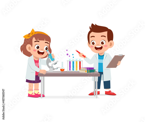 cute little kid boy and girl do research in the lab