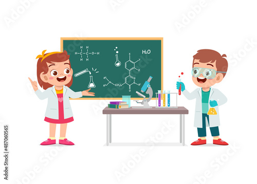 cute little kid boy and girl do research in the lab