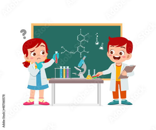 cute little kid boy and girl do research in the lab