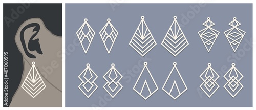 Vector Earrings templates set of geometric shapes. Modern trendy vector illustration. Laser cut, wooden earrings. metal cut. natural, celestial.