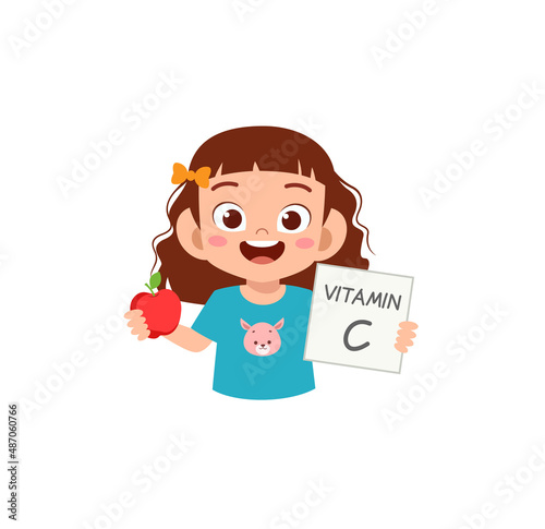 cute little girl holding fruit and vitamin card