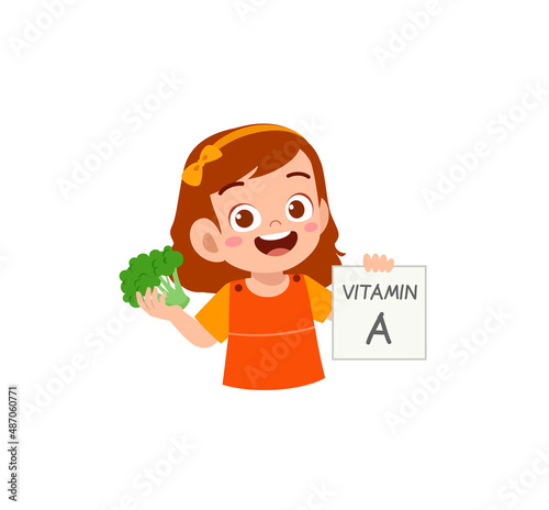 cute little girl holding fruit and vitamin card