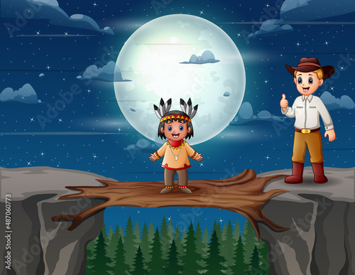 Cartoon native indian boy and a cowboy on the cliff at night