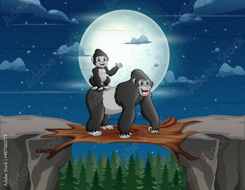 Cartoon a gorilla with cubs crossing a wooden bridge over a cliff