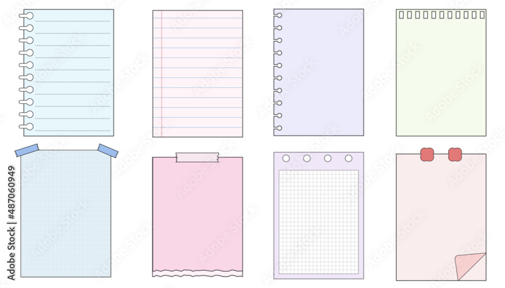 set of blank paper templates printable striped note, planner, journal, reminder, notes, checklist, memo, writing pad. cute and colorful
