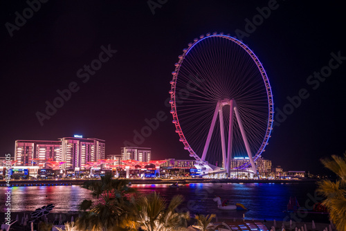 Beautiful Dubai eye or Ain Dubai on the Jumeirah beach at night. Beautiful lights of the ferris wheel in Dubai 