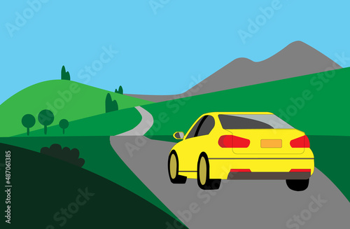 yellow car on the road and summer scene