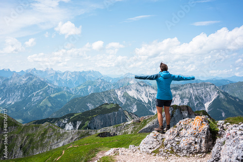 Hikers are on tour at Karwendel Rofan Mountains at Achensee in Austria